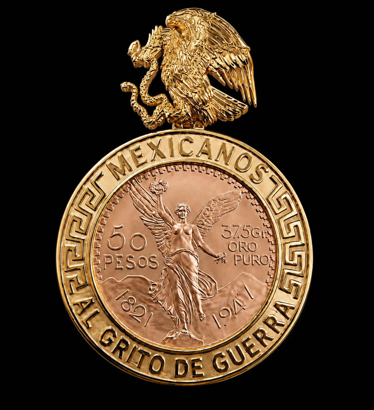 Solid gold Centenario coin bezel with Mexican eagle bail - Limaxi Jewelers